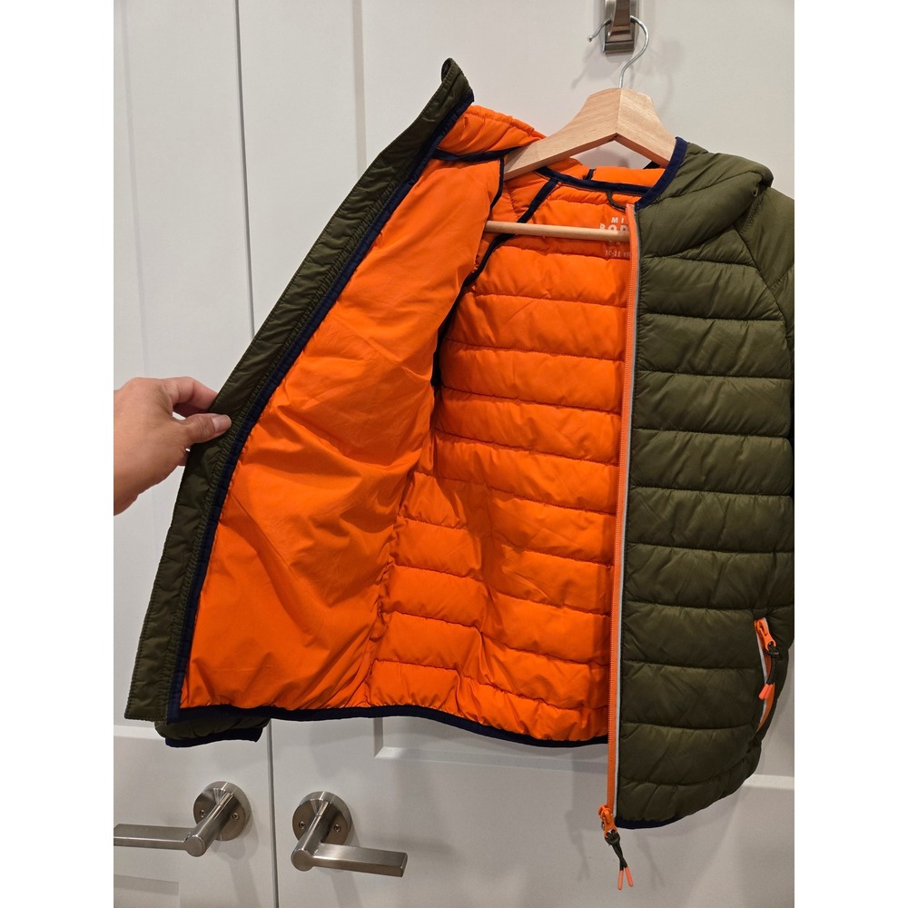 Mini Boden Kids Olive Green Packable Puffer Jacket Hooded Orange Zip 10-11 Years - Picture 4 of 11